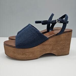 Jeffrey Campbell On Deck Sandal Womens 10 Navy Blue Wood Wedge Platform Heel